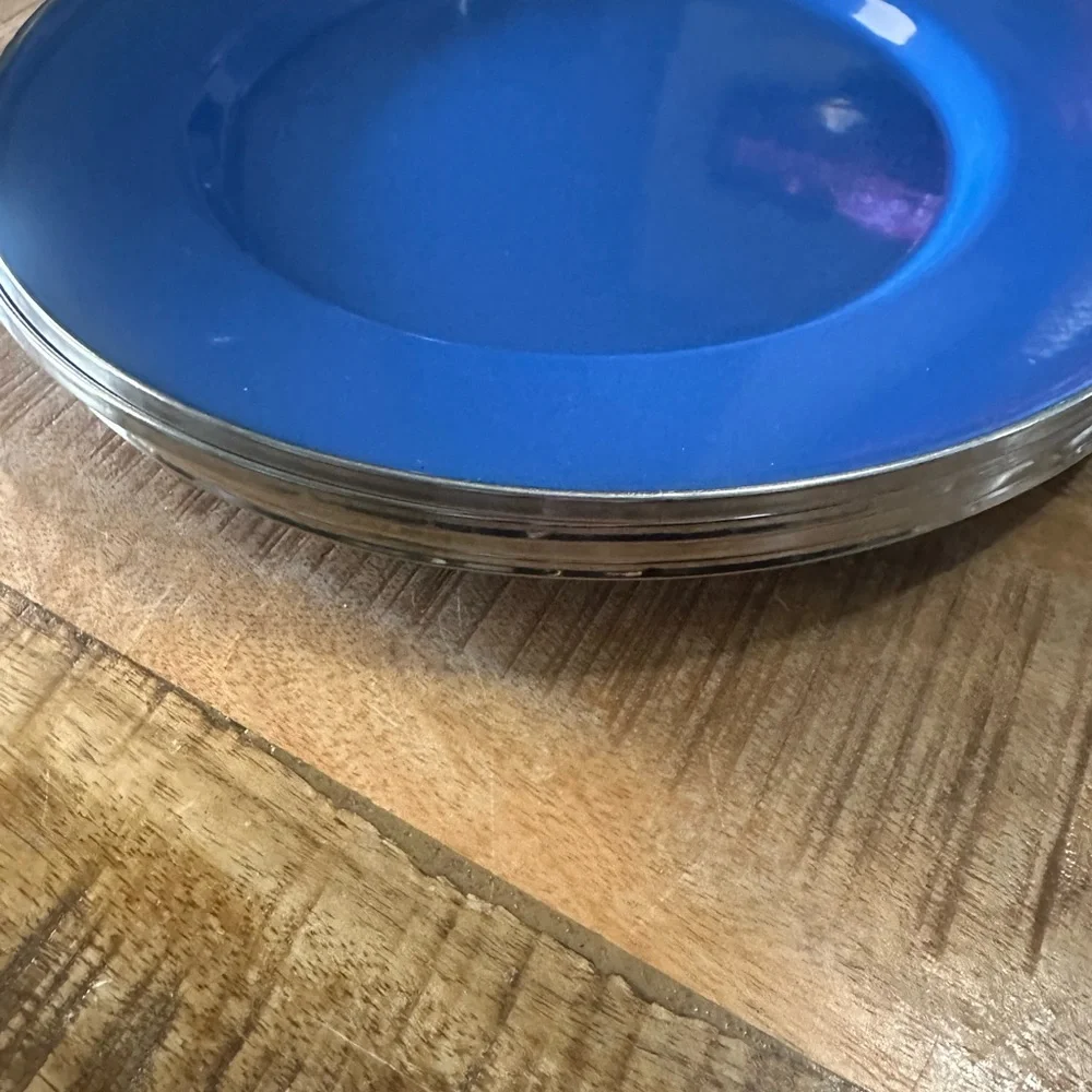 Crate & Barrel Blue Enamelware Silver Metal Trim10.5